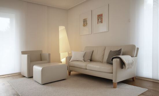 Innenarchitekt Andreas Ptatscheck, München, plante den Grundriss des Bauträgers um und entwarf die Innenarchitektur und das Interior Design für den Wohnbereich mit Sofa, Sessel und Teppich.