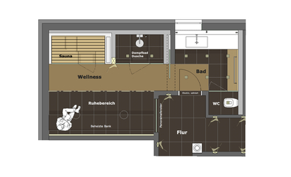 Der Grundriss zeigt die Aufteilung des Wellnessbereichs mit Sauna, Dampfbad, Wärmebank, Waschtisch, Umkleide und WC-Kabine. Gleichzeitig gibt er den Fliesenspiegel an.