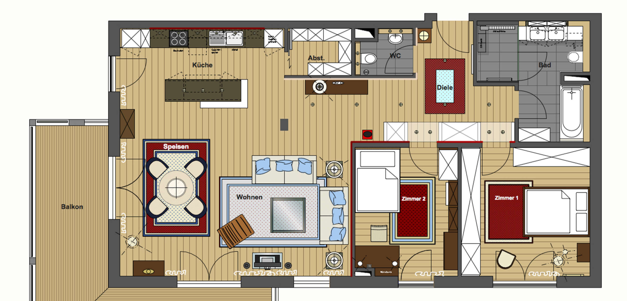Architekturplan einer klassischen Wohnung zeigt optimierten Raumverlauf als Ausdruck des fachkundigen Interior Designs und der Grundrissoptimierung.
