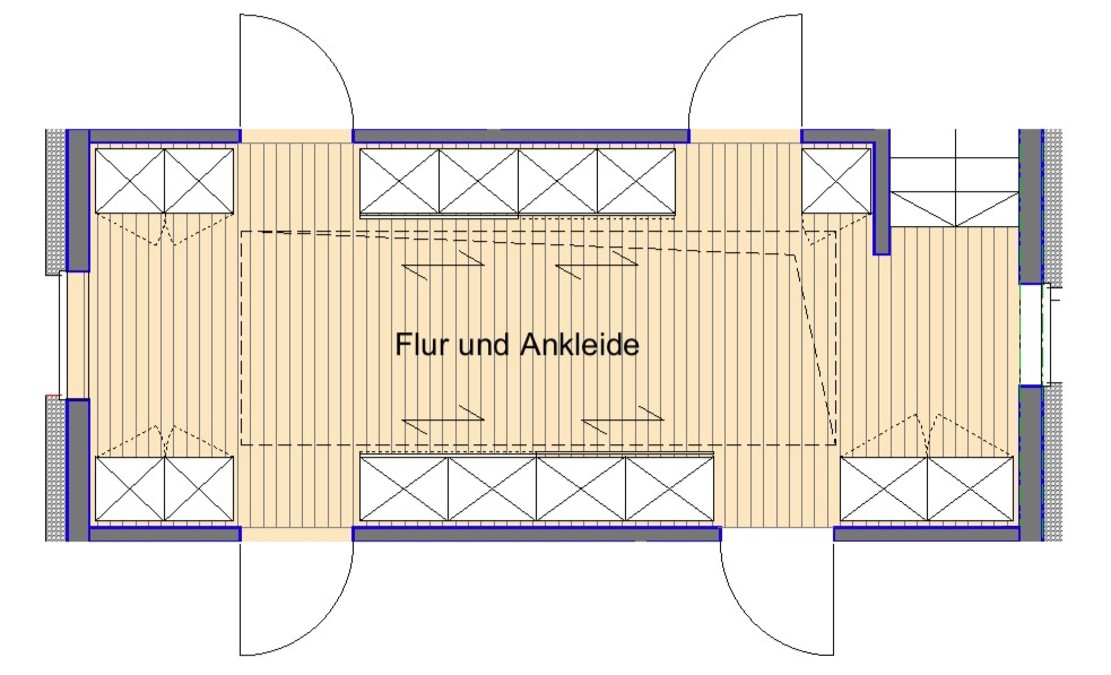Die Wandflächen zwischen den Zimmertüren sind mit raumhohen Kleiderschränken passgenau bestückt. In den Mittelbereichen tragen sie platzsparende Schiebetüren.