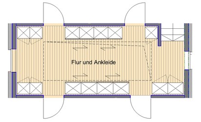 Die Wandflächen zwischen den Zimmertüren sind mit raumhohen Kleiderschränken passgenau bestückt. In den Mittelbereichen tragen sie platzsparende Schiebetüren.