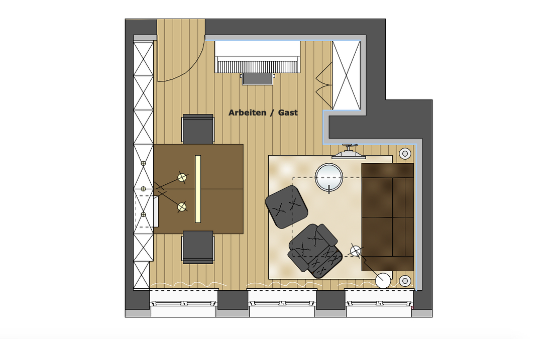 Der Grundriss zeigt die Aufteilung des Arbeitszimmers mit der maßangefertigten Regalwand, dem Schreibtisch, einem Schlafsofa und einem Loungesessel.