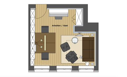 Der Grundriss zeigt die Aufteilung des Arbeitszimmers mit der maßangefertigten Regalwand, dem Schreibtisch, einem Schlafsofa und einem Loungesessel.