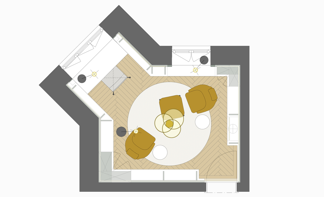 Innenarchitekt und Interior Designer Andreas Ptatscheck, München, plante die moderne Bibliothek mit umlaufenden Bücherregalen und stellte den Entwurf im Grundriss dar.