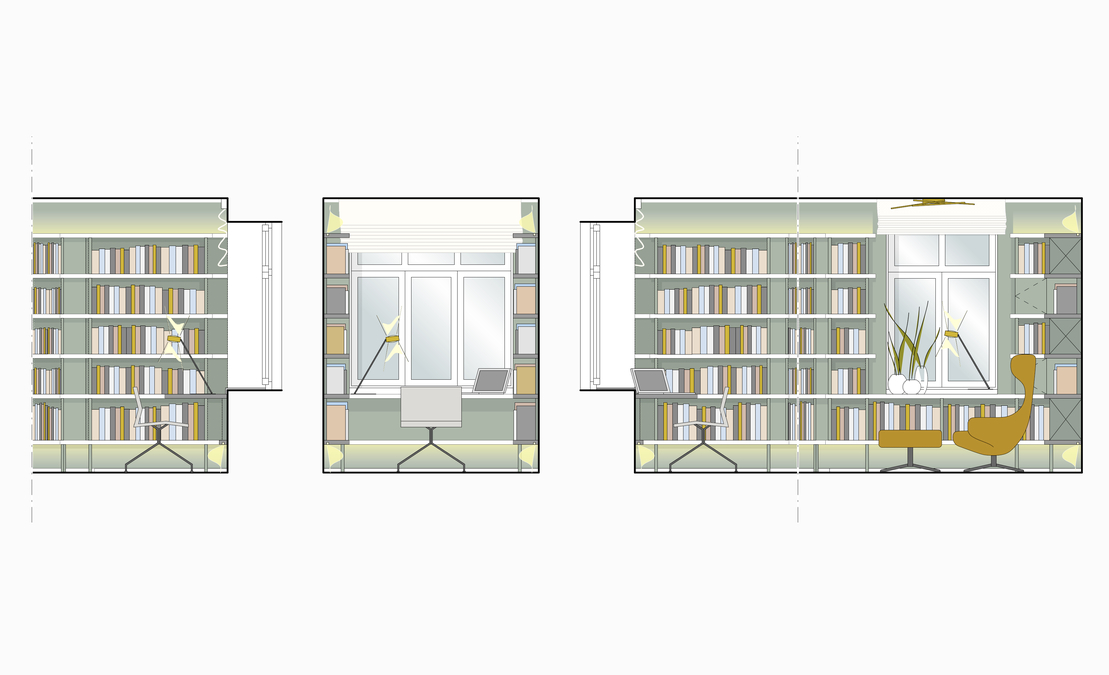 Innenarchitekt und Interior Designer Andreas Ptatscheck, München, plante die moderne Bibliothek mit umlaufenden Bücherregalen und stellte den Entwurf als Ansicht dar.