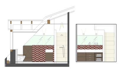 Die Ansicht verdeutlicht die Raumhöhe in der Dachgaube und unter der Dachschräge mit Dachfenster, zeigt die Raumproportion. Spiegel vergrößert das Raumvolumen.