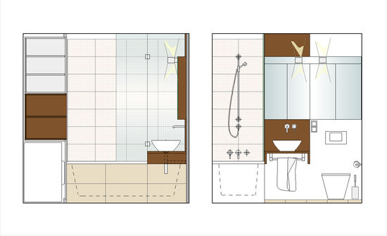 Nur die Wände im Bereich der Badewanne sind mir Fliesen belegt, die anderen Flächen haben eine Spachteloberfläche, das Holzdekor des Waschtisches wird im Schrank aufgenommen.