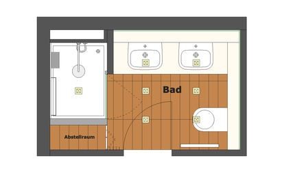 Der Grundriss zeigt die mit Trennwänden abgeteilte Dusche und den Restraum, der als Abstellraum genutzt wird. Die Deckeneinbauleuchten sind im Raster auf den Raum verteilt.