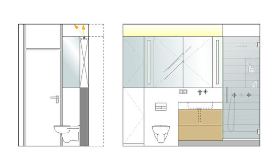 Die Planung zeigt die detaillierte Abstimmung von Wand- und Bodenflächen mit den Einbauten des Innenausbaus. Der Spiegelschrank trägt eine direkte und eine indirekte Beleuchtung.