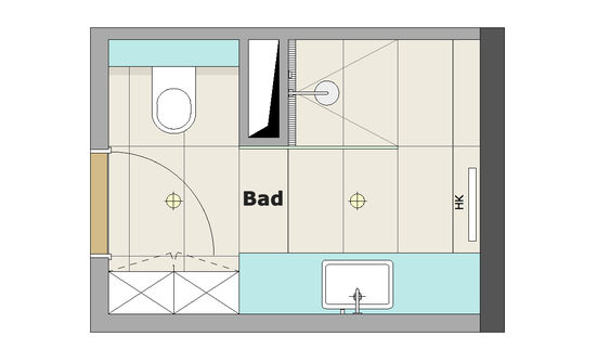 Die Grundfläche des Badezimmers ist in klare Zonen unterteilt, so entsteht eine aufgeräumte und eindeutige Raumstruktur, die dem Raum Großzügigkeit und Charakter verleiht.