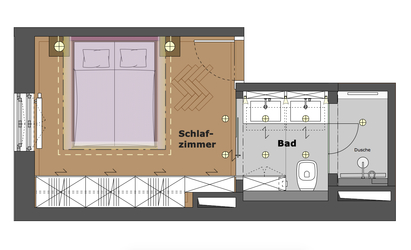 Innenarchitekt Andreas Ptatscheck, München, baute die Altbauwohnung um, der Grundriss zeigt die Innenarchitektur und das Interior Design für das neue Badezimmer und das Schlafzimmer.