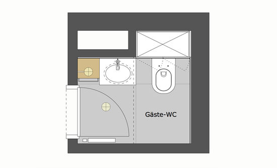 Innenarchitekt und Interior Designer Andreas Ptatscheck bietet in seinem Planungsbüro für Innenarchitektur Planung für Badezimmer. Die Zeichnung zeigt den Grundriss eines Gäste-WCs.