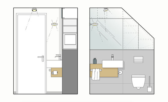 Innenarchitekt und Interior Designer Andreas Ptatscheck bietet in seinem Planungsbüro für Innenarchitektur Planung für Badezimmer. Die Zeichnung zeigt die Ansicht eines Gäste-WCs.