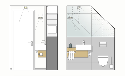 Innenarchitekt und Interior Designer Andreas Ptatscheck bietet in seinem Planungsbüro für Innenarchitektur Planung für Badezimmer. Die Zeichnung zeigt die Ansicht eines Gäste-WCs.