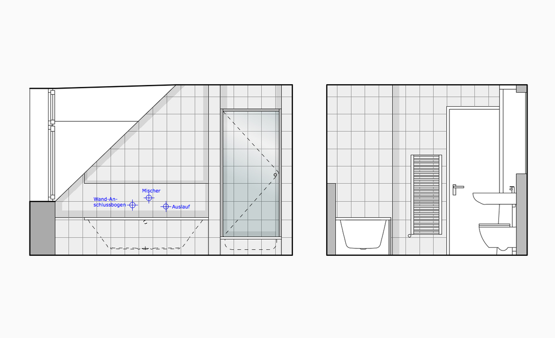 Innenarchitekt Andreas Ptatscheck, München, baute das Badezimmer zu einem Wellnessbad um. Die Zeichnung zeigt Badewanne und Dusche vor dem Umbau.