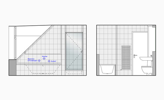 Innenarchitekt Andreas Ptatscheck, München, baute das Badezimmer zu einem Wellnessbad um. Die Zeichnung zeigt Badewanne und Dusche vor dem Umbau.