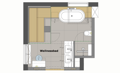 Innenarchitekt Andreas Ptatscheck, München berät Sie zu allen Themen der Innenarchitektur und des Interior Design, z.B. zum Badezimmer. Das Beispiel zeigt den Grundriss eines Wellnessbads mit Sauna.