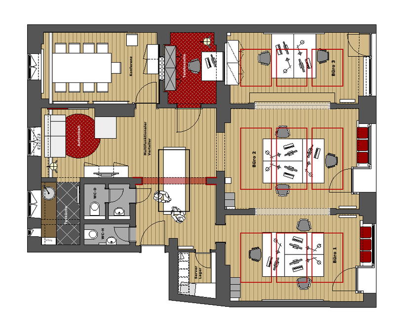 Die Arbeitsplätze wurden in Gruppen angeordnet, so wurden notwendige Abstände und Verkehrsflächen der Arbeitsstättenrichtlinie eingehalten. Stauschränke wurden in den Flur verlegt.