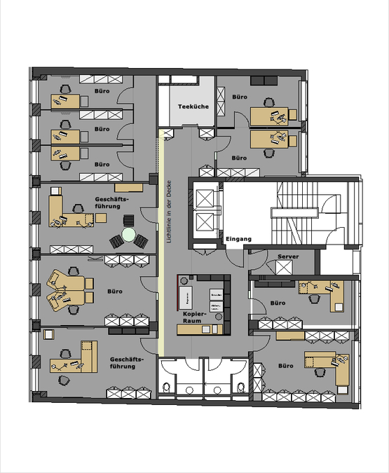 Die Büroraumplanung wird nach der vorgegebenen Bürostruktur erarbeitet und unterscheidet Arbeitsplätze nach Arbeitsplatztypen, auch die weitere Büroentwicklung wird beleuchtet.