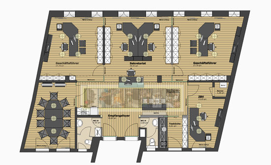 Der Grundriss der Büroetage zeigt die organisatorisch sinnvolle Anordnung der Büros und des Besprechungsraumes um den Empfang. Im Foyer ist ein Wartebereich untergebracht.