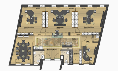 Der Grundriss der Büroetage zeigt die organisatorisch sinnvolle Anordnung der Büros und des Besprechungsraumes um den Empfang. Im Foyer ist ein Wartebereich untergebracht.