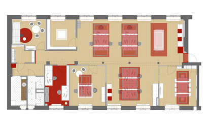 Innenarchitekt Andreas Ptatscheck, München, erstellte die Büroplanung und entwarf die Innenarchitektur und das Interior Design für das Großraumbüro mit Schallabsorbern.