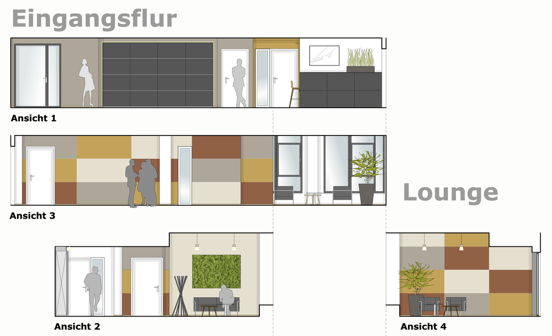Innenarchitekt Andreas Ptatscheck, München, erstellte die Büroplanung und zeigte seine Ideen für die Raumwirkung in Ansichten der Büroräume.