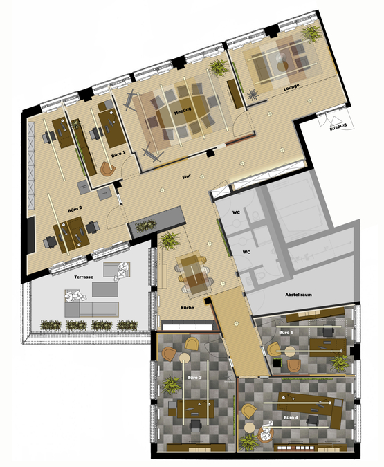 Innenarchitekt Andreas Ptatscheck, München, erstellte die Büroplanung und optimierte die Nutzung der bestehenden Bürofläche im Grundriss.