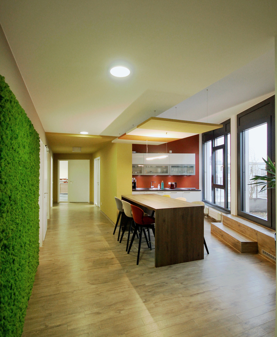 Innenarchitekt Andreas Ptatscheck, München, gestaltete die Büroetage und plante die offene Teeküche als zentralen Treffpunkt mit einer Mooswand.