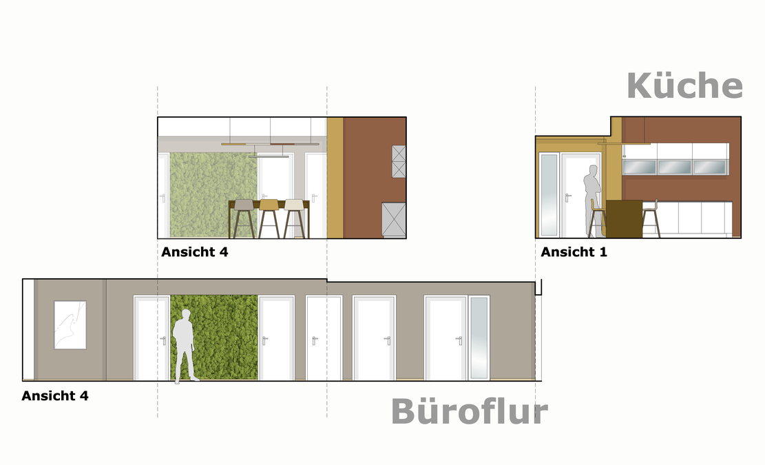 Innenarchitekt Andreas Ptatscheck, München, gestaltete die Büroetage und plante die offene Teeküche als zentralen Treffpunkt mit einer Mooswand und einem Deckensegel über dem Thekentisch.