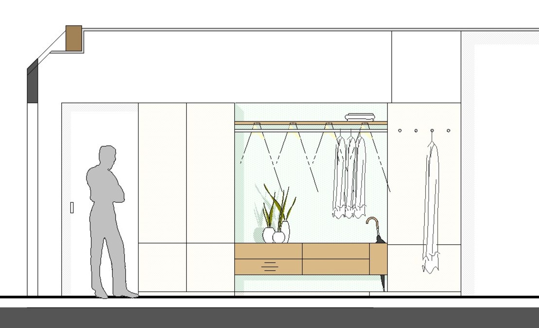 Das Board mit Schubladen nimmt das Eichenholz der Treppe auf und integriert einen Schirmständer. Die Hutablage mit Einbauleuchten besteht ebenfalls aus Eiche.