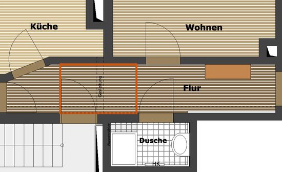 Der sechs Meter lange Flur mit fünf Zimmertüren und der Eingangstür erfährt eine Zonierung. Die Abhangdecke betont die Position der Wohnungseingangstür.