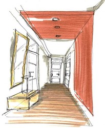 Die Handskizze zeigt eine Perspektive vom umgestalteten Flur, um den Raumeindruck zu vermitteln. Die rote Abhangdecke geht in eine gestrichene Wandfläche über.