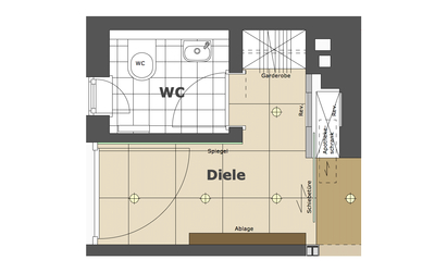 Der Grundriss zeigt die Enge des Eingangs, die das Planungsbüro für Innenarchitektur durch einen großformatigen Spiegel geschickt überspielt, gleichzeitig wurde viel Stauraum geschaffen, ein Ergebnis der fachkundigen Grundrissoptimierung.