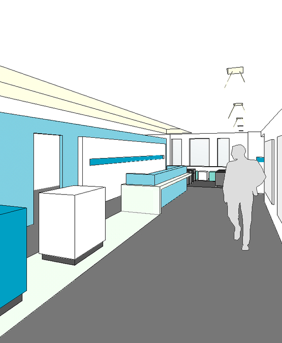 Die Deckeneinbauleuchten markieren den Verkehrsweg vom Empfang in die benachbarten Großraumbüros, die Downlights sind schwenkbar und setzten die Wandgemälde in Szene.
