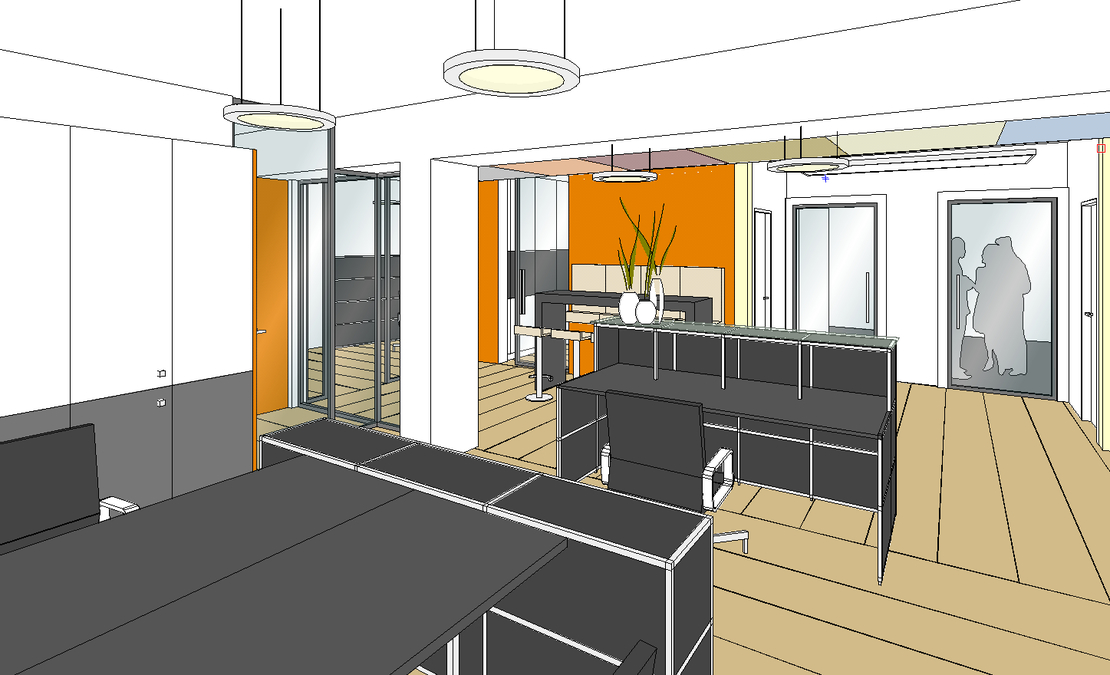 Durch ein virtuelles Modell werden unterschiedliche Raumeindrücke der Büroplanung ablesbar. Die Perspektiven zeigen die Raumsituationen im Büro aus verschiedenen Blickwinkeln.Durch ein virtuelles Modell werden unterschiedliche Raumeindrücke der Büroplanung ablesbar. Die Perspektiven zeigen die Raumsituationen im Büro aus verschiedenen Blickwinkeln.