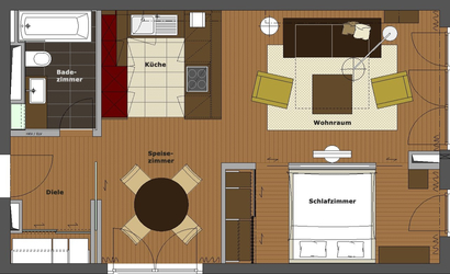 Der Grundriss zeigt die optimale Einteilung des Appartements in einzelne Wohnfunktionen. Trotz kleiner Grundfläche ist der Raum komfortabel und großzügig.