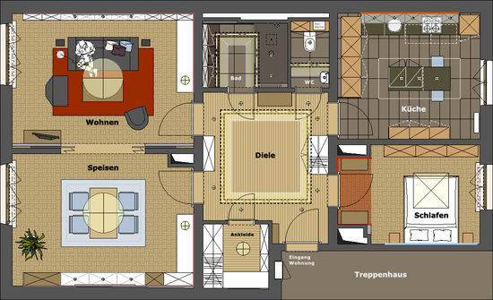 Der Wohnungsgrundriss zeigt, wie sich Wohnzimmer, Speisezimmer, Schlafzimmer, Küche, Ankleide, Badezimmer und WC um die zentrale Diele herum anordnen.