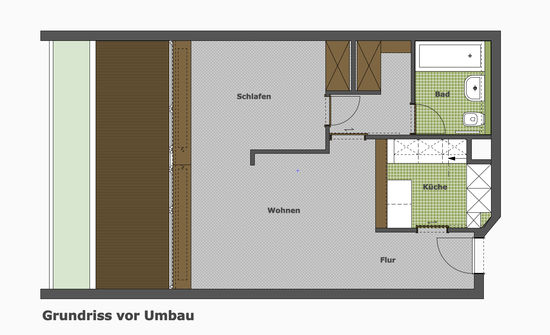 Der Grundriss zeigt die Situation des Appartements vor der Sanierung, die einzelnen Bereiche wurden mit Türen voneinander getrennt, dadurch wirkte der Raum sehr eng.
