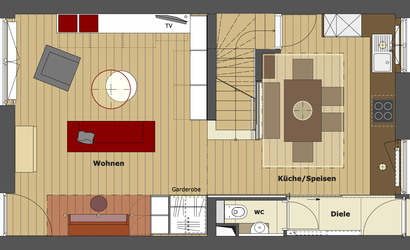 Der Grundriss zeigt die neue Definition der Grundfläche innerhalb des Erdgeschosses. Untergebracht sind die Funktionen Diele, Gäste-WC, Küche, Speisezimmer und Wohnzimmer.