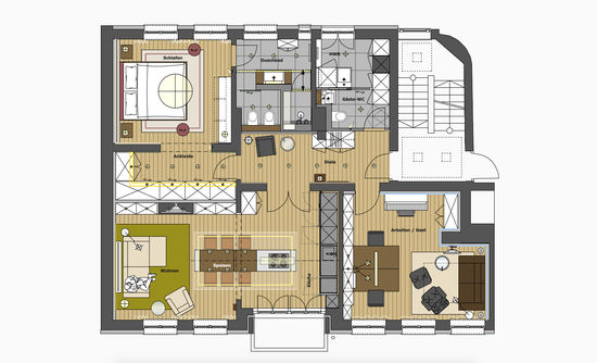 Der Grundriss der Wohnung zeigt die Anordnung der Räume um den zentralen Flur herum an, das Schlafzimmer wird über die Ankleide erschlossen und führt ins Bad en Suite über.