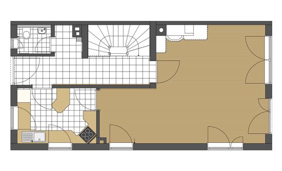 Vor dem Umbau der Doppelhaushälfte waren Diele und Treppenhaus durch Wände vom Wohn- und Speisezimmer und von der Küche abgegrenzt, Innenarchitekt Andreas Ptatscheck, München, optimierte den Grundriss.