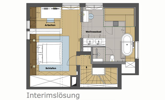Innenarchitekt Andreas Ptatscheck, München, plante den Bestandsgrundriss des Dachgeschosses um und entwarf die Innenarchitektur und das Interior Design für das Schlafzimmer mit Arbeitsbereich und Badezimmer.