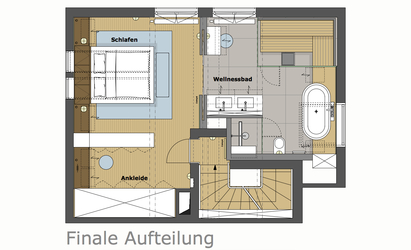 Innenarchitekt Andreas Ptatscheck, München, plante den Bestandsgrundriss des Dachgeschosses um und entwarf die Innenarchitektur und das Interior Design für das Schlafzimmer mit Ankleidebereich, Wellnessbad und Sauna.
