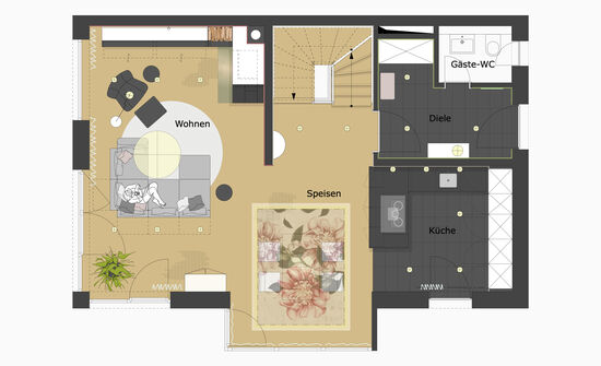 Innenarchitekt Andreas Ptatscheck, München, optimierte den Grundriss des Erdgeschosses des Doppelhauses und plante den Wohnbereich, das Speisezimmer und die Küche.