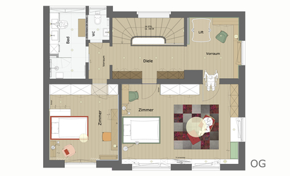 Innenarchitekt Andreas Ptatscheck, München, baute das Einfamilienhaus um und integrierte einen Aufzug, der die Schlafzimmer und das Bad im OG barrierefrei erschliesst.