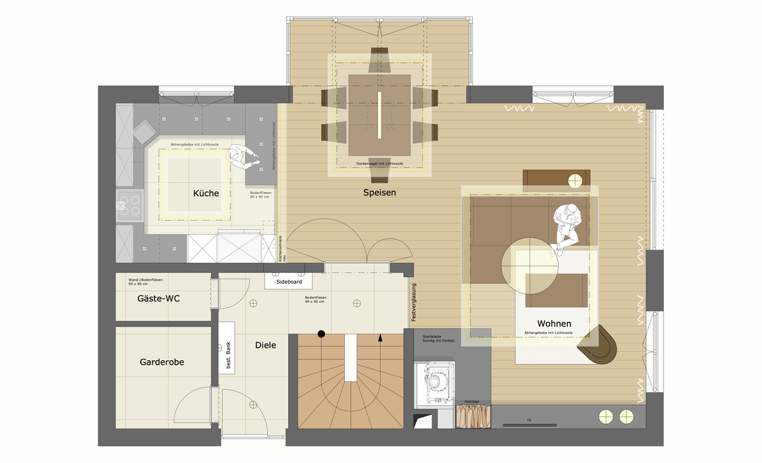 Innenarchitekt Andreas Ptatscheck, München, führte den Umbau des Einfamilienhauses aus und entwickelte den Grundriss mit Diele, Küche, Wohnzimmer, Wintergarten und Speisebereich.