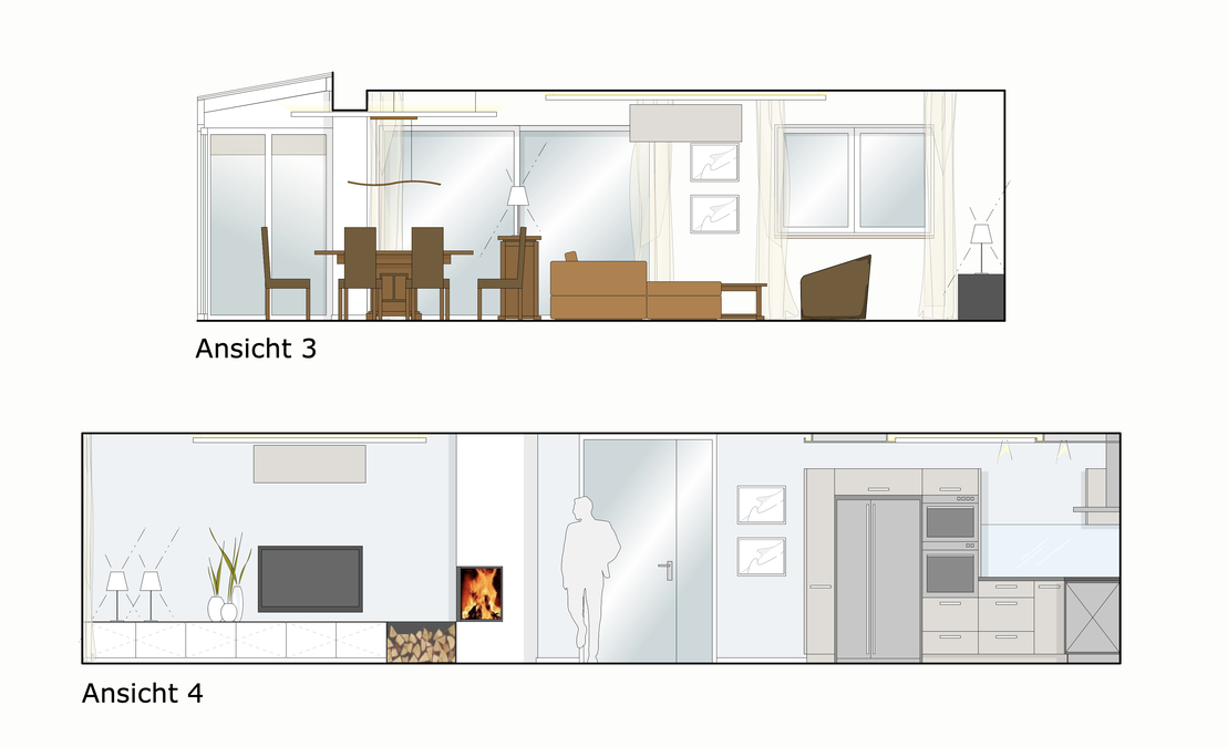 In der Planung für den Umbau des Einfamilienhauses stellte Innenarchitekt Andreas Ptatscheck, München, die neue Raumsituation mit Kamin, Schreinereinbauten, Möbeln und Leuchten in Ansichten dar.