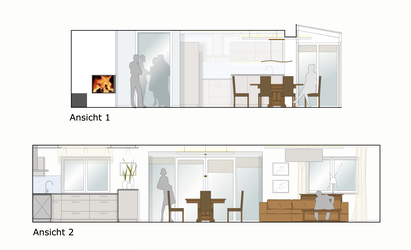 In der Planung für den Umbau des Einfamilienhauses stellte Innenarchitekt Andreas Ptatscheck, München, die neue Raumsituation mit Wintergarten in Ansichten dar.