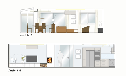 In der Planung für den Umbau des Einfamilienhauses stellte Innenarchitekt Andreas Ptatscheck, München, die neue Raumsituation mit Kamin, Schreinereinbauten, Möbeln und Leuchten in Ansichten dar.